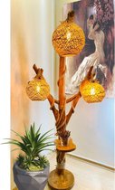ACTIE ! Uniek houten Boomstam lamp met 3 lampenkappen model: TREE handgemaakt vloerlamp