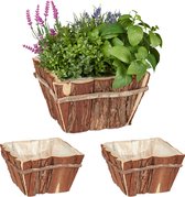 Relaxdays Bloempot hout - set van 3 - vierkant - schors - plantenbak - buiten - natuur