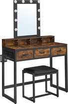 FURNIBELLA - kaptafel met verlichting, kaptafel met kruk, make-uptafel, 10 led-lampen, spiegel, instelbare helderheid, voor slaapkamers, industrieel design, vintage bruin-zwart