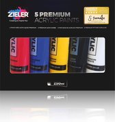Premium Acrylverf Set van Zieler - 5 Grote Acrylverf Tubes van 250 ml - Levendige Acryl Verf Kleuren en Rijke Pigmenten - Inclusief Startgids