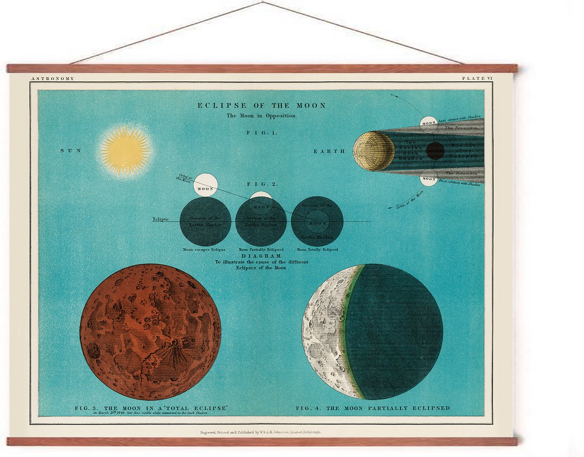 Esque Poster In Posterhanger - Vintage Astronomie - 50x70 cm - Kader Hout - Ophangsysteem - Sterren - Heelal - Planeten - Maansverduistering