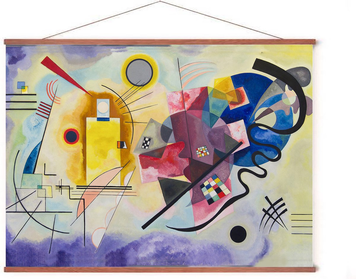 Esque Poster In Posterhanger - Geel, Rood, Blauw - 50x70 cm - Kandinsky - Kader Hout - Ophangsysteem - Abstracte Kunst
