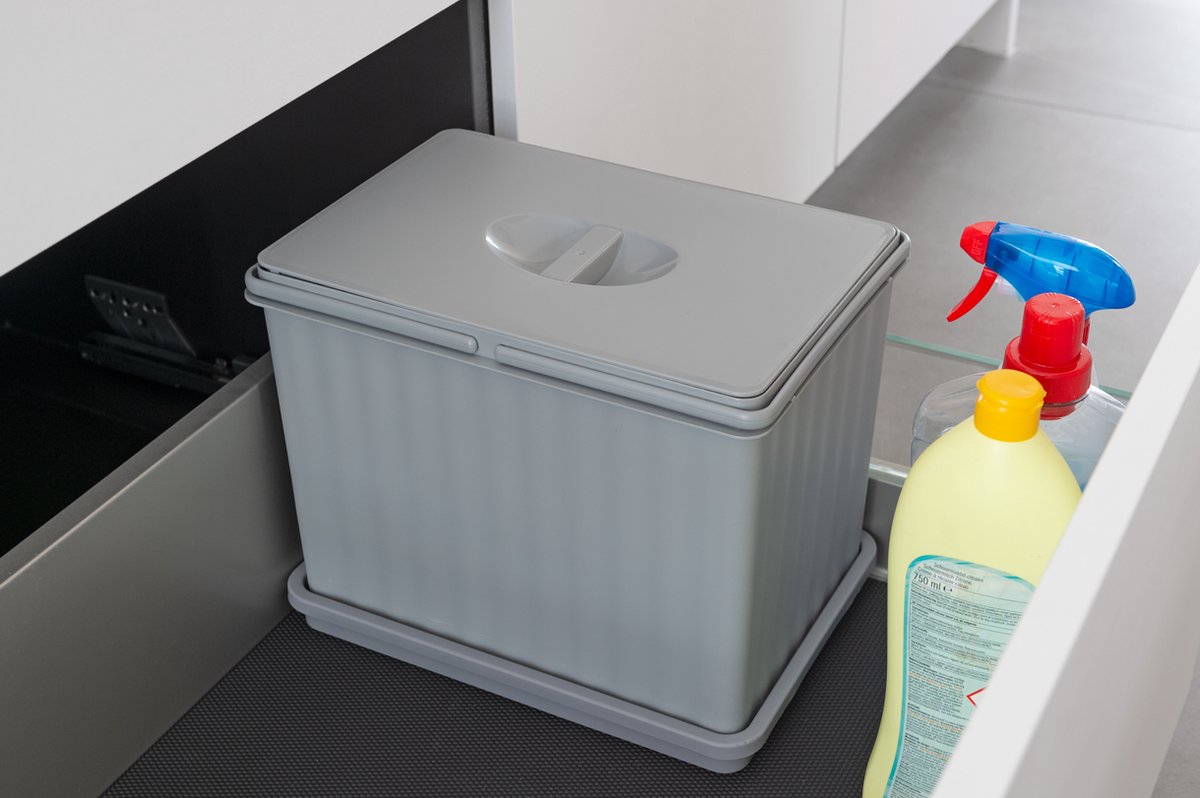 Eleganca afvalbak 14L - geschikt voor plaatsing in een keukenkast - prullenbak met inzetrand - afvalemmer met plateau - opberg emmer - grijs - B21,9xD32xH24,8cm