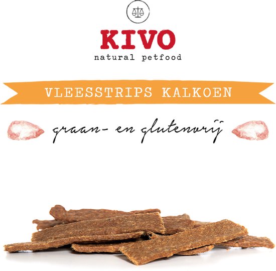 Foto: Kivo petfood hondensnack vleesstrips kalkoen 200 gram graanvrij en glutenvrij