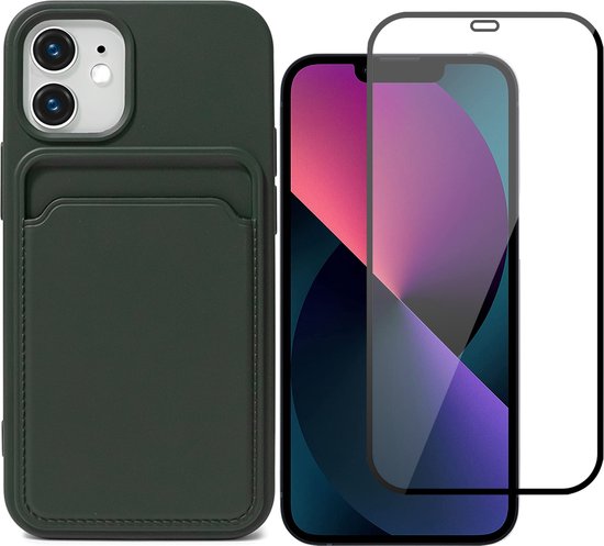 Hoesje Pasjeshouder geschikt voor iPhone 12 / iPhone 12 Pro Groen - Siliconen Case Back Cover + Full Screen Protector Glas Screenprotector