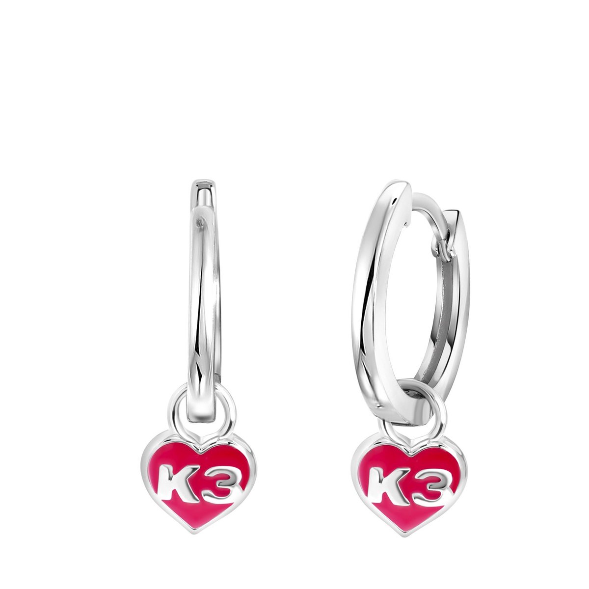 Zilveren oorringen met hanger hart enamel roze K3
