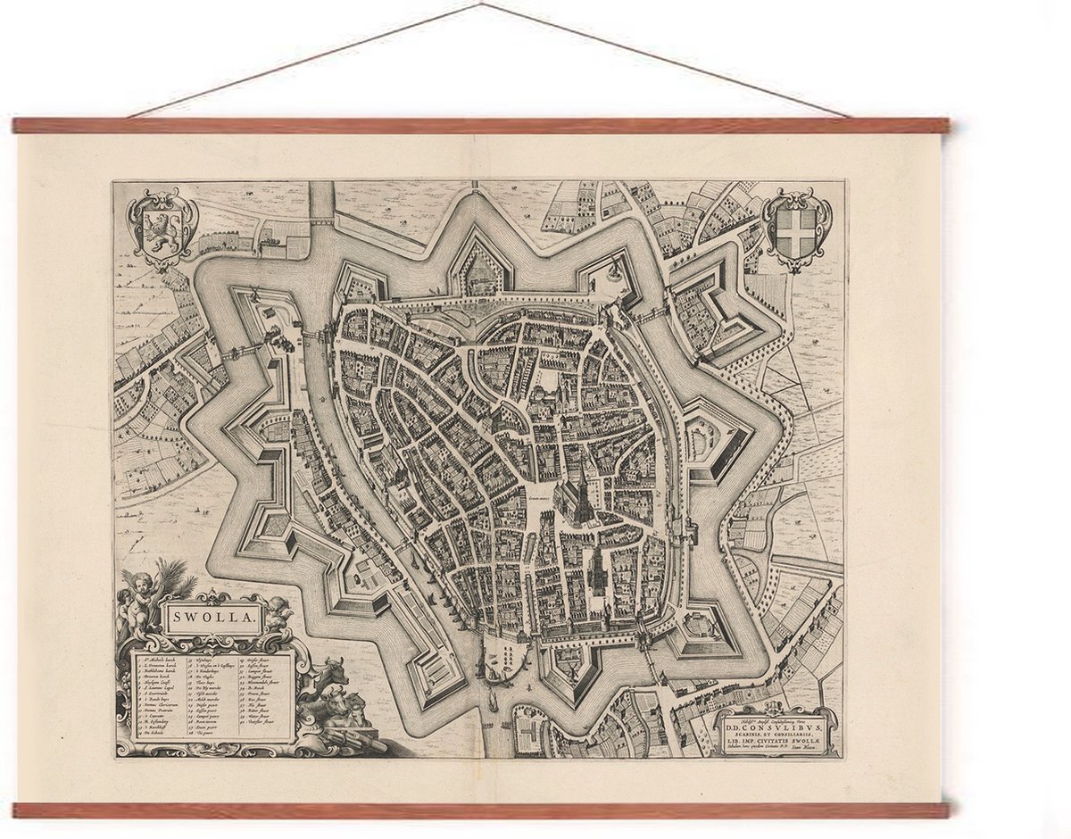 Esque Poster In Posterhanger - Historische Oude Kaart Zwolle - 50x70 cm - Kader Hout - Ophangsysteem - Vintage Plattegrond