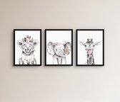 Poster Set In Zwarte Lijsten - Dieren Kinderkamer - 40x30 cm - Jungle Babykamer - Tijger, Olifant & Giraffe