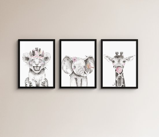 Poster Set Dieren Kinderkamer - 40x30 - Jungle Babykamer - Tijger, Olifant & Giraffe