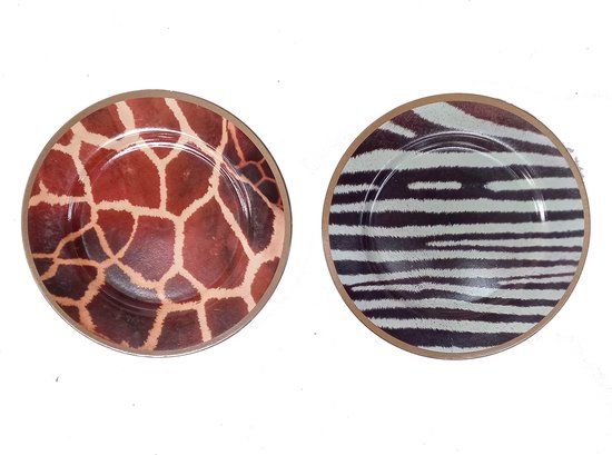 Decoratieve schaal -decoratiebord - kaarsenplateau - zebra en giraffe motief - diameter 33 cm - set van 2 stuks