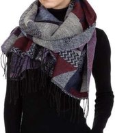 Dames lange sjaal herfst/winter met print 200cm/85cm grijs/donkerrood/blauw