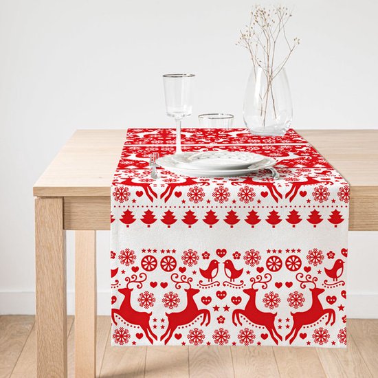 Velvet textiel tafelloper - Kerst rood rendieren - Feestelijke tafeldecoratie- Christmas - Kerst tafelkleed 45x135 cm