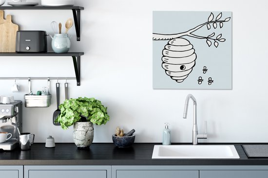 Illustration de bande dessinée d'abeilles et d'une toile de ruche 50x50 cm - Tirage photo sur toile (décoration murale salon / chambre) / Animaux sauvages Peintures sur toile