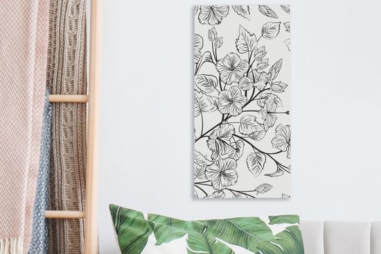 Tableau sur toile Une illustration en noir et blanc d'un motif floral - 20x40 cm - Décoration murale