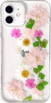 iPhone 12 (Pro) hoesje transparant met echte bloemen | Roze tinten | Shock proof, siliconen hoes, case, cover | Paars, blauw, wit, lavendel | Telefoon case, telefoonhoesje, mobiel