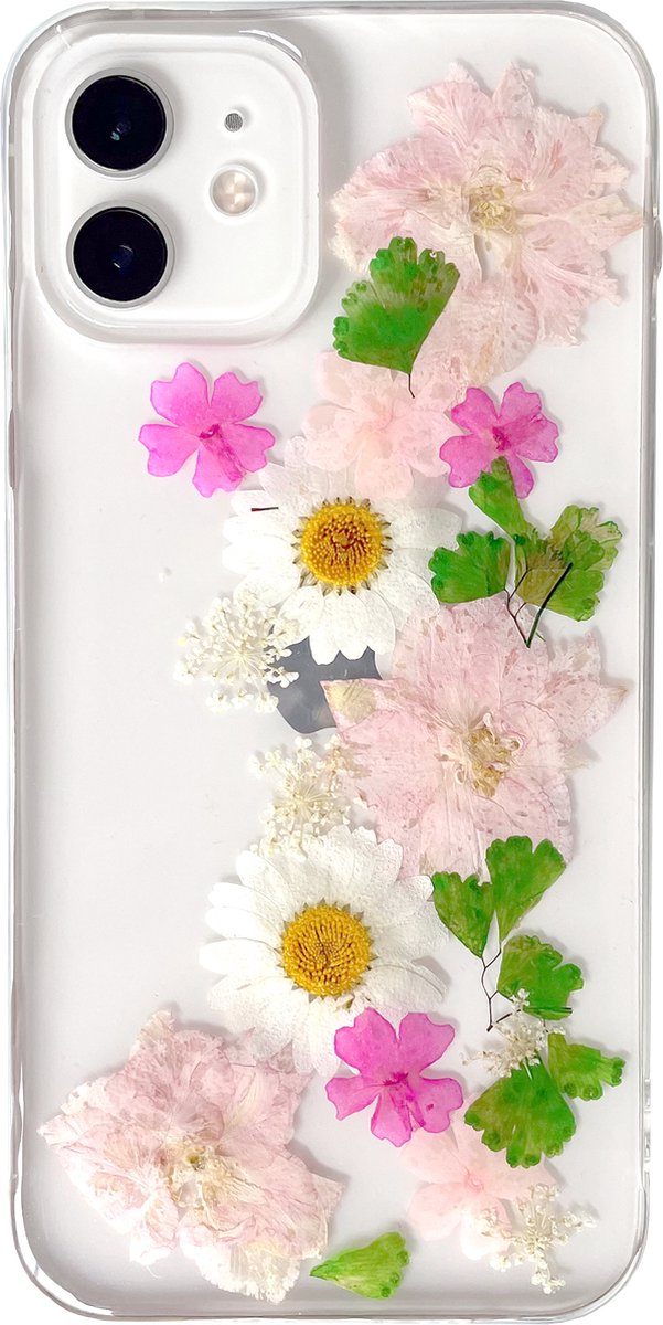 iPhone 12 (Pro) hoesje transparant met echte bloemen | Roze tinten | Shock proof, siliconen hoes, case, cover | Paars, blauw, wit, lavendel | Telefoon case, telefoonhoesje, mobiel hoesje | Gedroogde bloemen, droogbloemen, plantenliefhebber