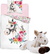 Dekbedovertrek Wit Paard bloemenkrans- 1 persoons- katoen- 140x200- Horse- dekbed meisjes- slaapkamer, incl. super zachte pluche paarden knuffel 32 cm beige.