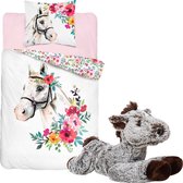 Dekbedovertrek Wit Paard bloemenkrans- 1 persoons- katoen- 140x200- Horse- dekbed meisjes- slaapkamer, incl. Paardenknuffel donkerbruin, 32 cm.
