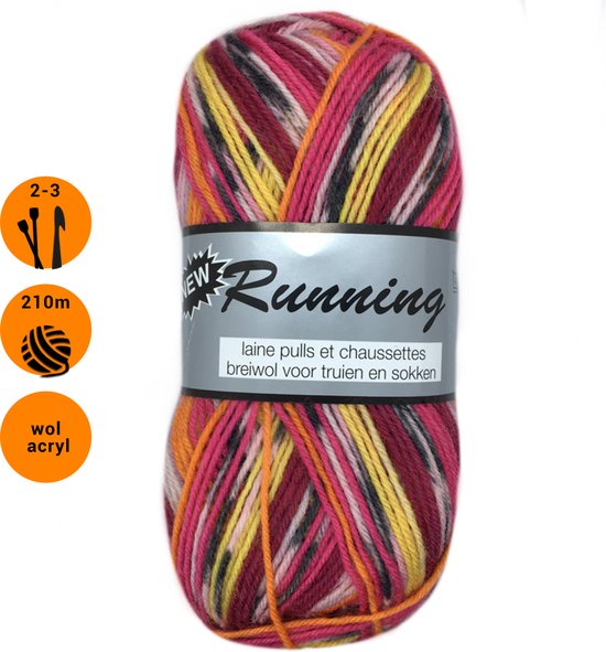 Lammy yarns Running gemêleerd sokkenwol roze oranje (418) - 1 bol wol en acryl garen - pendikte 2 a 3mm - 50 grams
