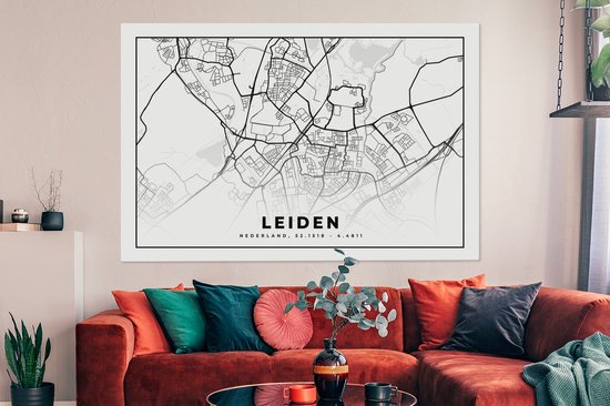 Toile Peinture Carte - Leiden - Nederland - 180x120 cm - Décoration murale XXL
