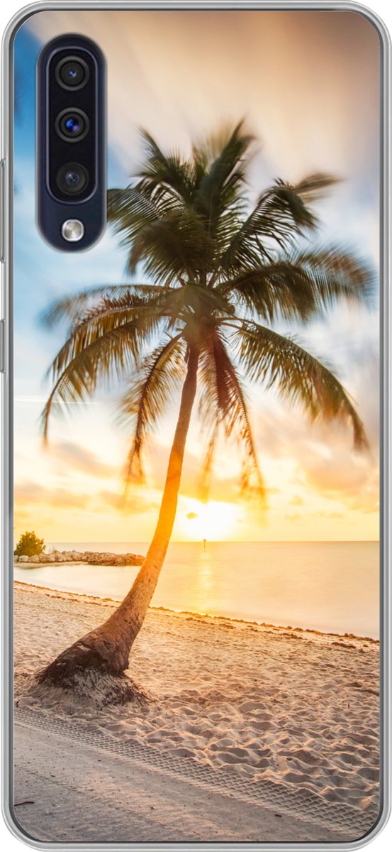 Telefoonhoesje Geschikt voor Samsung Galaxy A50 hoesje - Zonsondergang - Strand - Palmboom - Siliconen Telefoonhoesje Telefoonhoesje