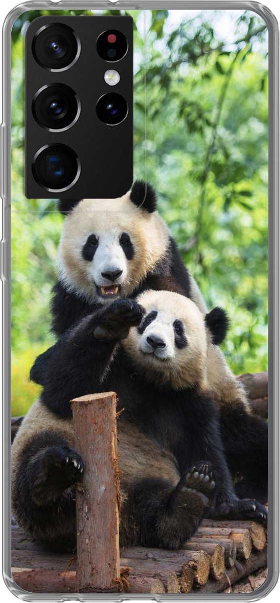 Telefoonhoesje Geschikt voor Samsung Galaxy S21 Ultra hoesje - Panda - Brug - Natuur - Siliconen Telefoonhoesje Telefoonhoesje