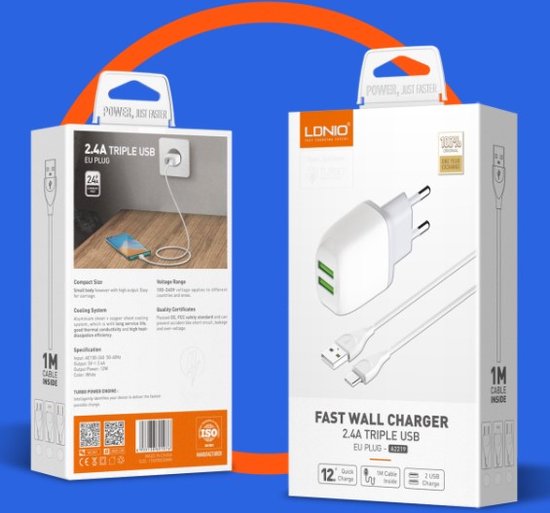 LDNIO A2219 2.4A Deux USB EU Plug Chargeur Mural Rapide USB-C Pour Téléphone Mobile Samsung Huawei P30 P40 Pro MI10 Mi10 Note 9 S20 S21
