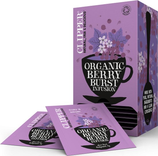 Clipper Organic Berry Burst Infusion, 25 zakjes biologische thee in paarse verpakking met bessen, bloemen en tekst 'Made with pure natural ingredients'.