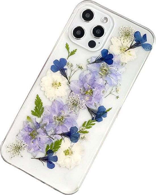 Foto: Iphone 13 transparant hoesje met echte bloemen shock proof siliconen hoes case cover transparant paars blauw wit lavendel telefoon case telefoonhoesje mobiel hoesje gedroogde bloemen droogbloemen plantenliefhebber