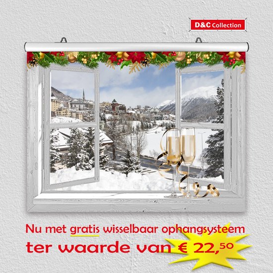 D&C Collection - poster - kerst poster - 60x45 cm - doorkijk - wit venster sneeuwlandschap en champagne - winter poster - kerst decoratie- kerstinterieur - kerst wanddecoratie