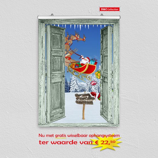 D&C Collection - poster - kerst poster - 60x80 cm - doorkijk - open groene deuren Santa Claus slee sneeuwlandschap - winter poster - kerst decoratie- kerstinterieur - kerst wanddecoratie