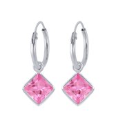 Joy|S - Zilveren ruit bedel oorbellen - zirkonia roze - oorringen