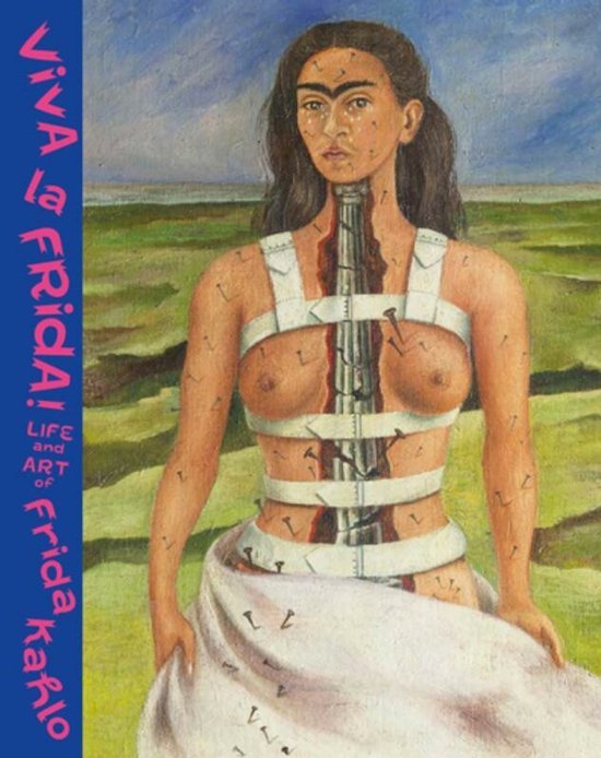 Schilderij van Frida Kahlo met een mechanische borstkas, op een groen veld onder een blauwe hemel.