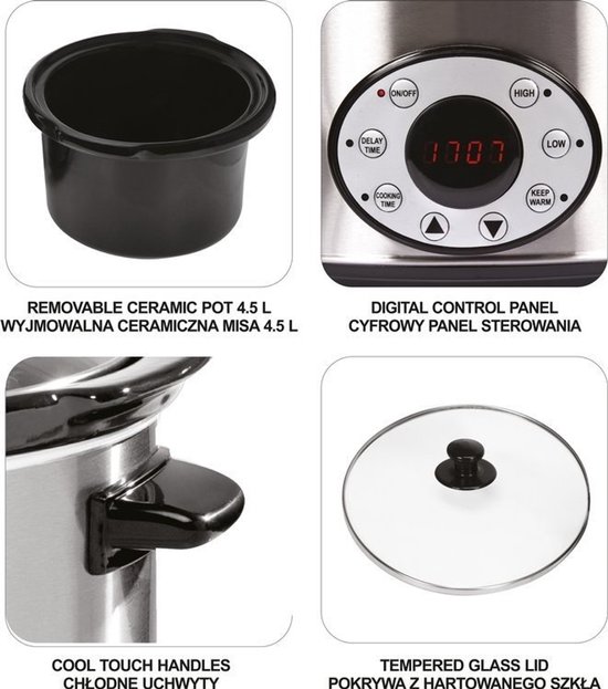 Details van een Lund slowcooker: uitneembare keramische pot, digitaal bedieningspaneel, coole handgrepen, glazen deksel.
