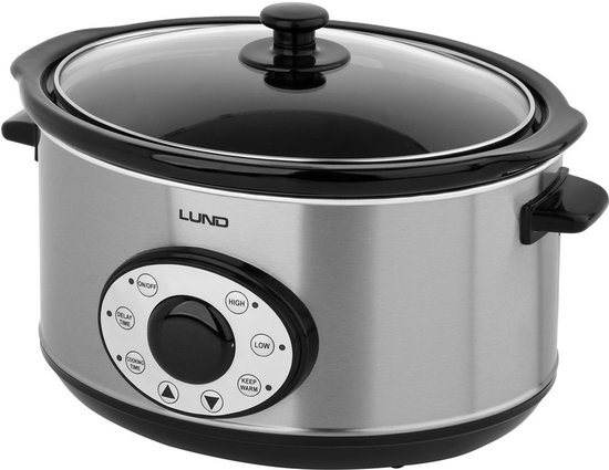 Zilverkleurige Lund slowcooker met glazen deksel en digitaal bedieningspaneel.