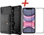 Backcover geschikt voor Apple iPhone XR - Zwart - 3 in 1 pasjeshouder - met Glazen Screenprotector