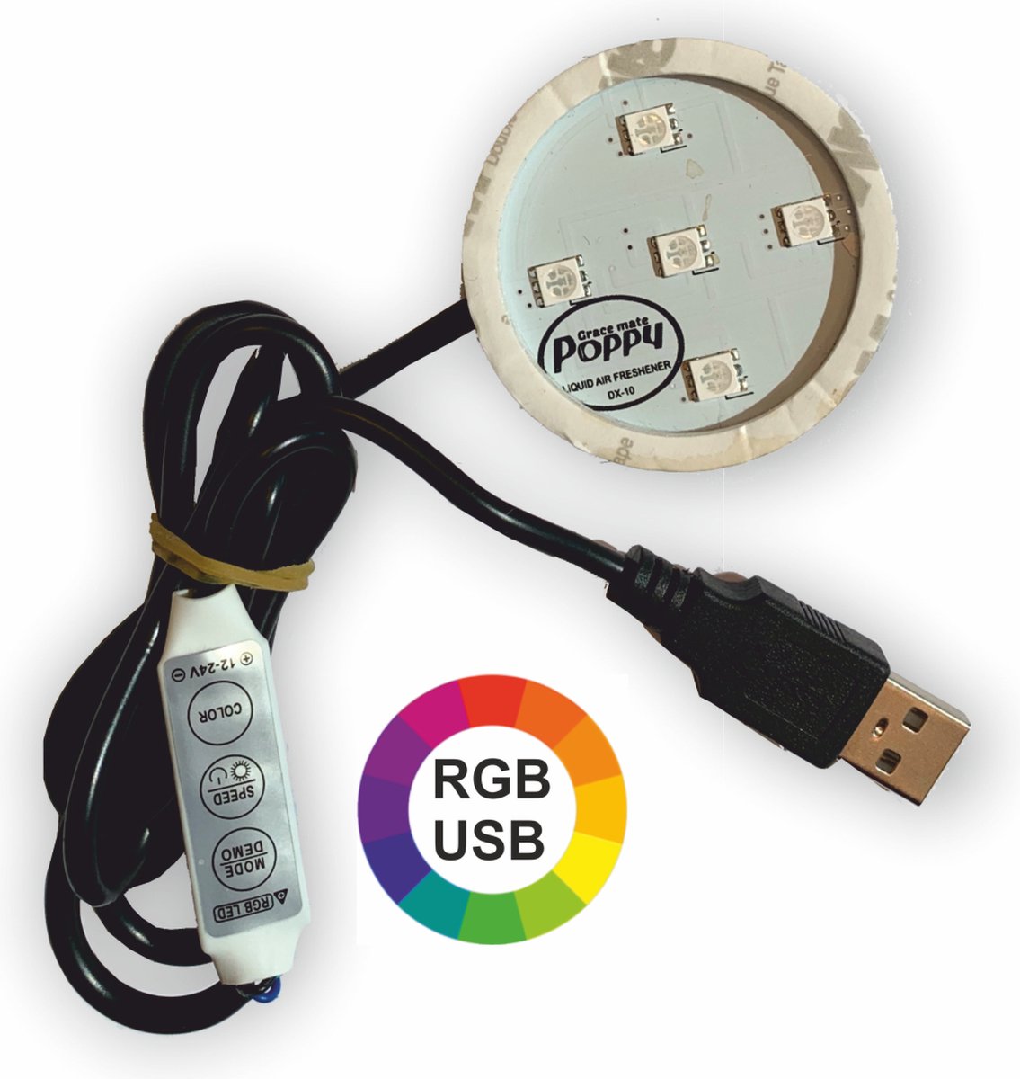 Poppy RGB led verlichting met USB-aansluiting 5V, kies uit 10 kleuren en patronen, dimbaar, 2 meter snoer voor vrachtwagen, auto, tractor, enz