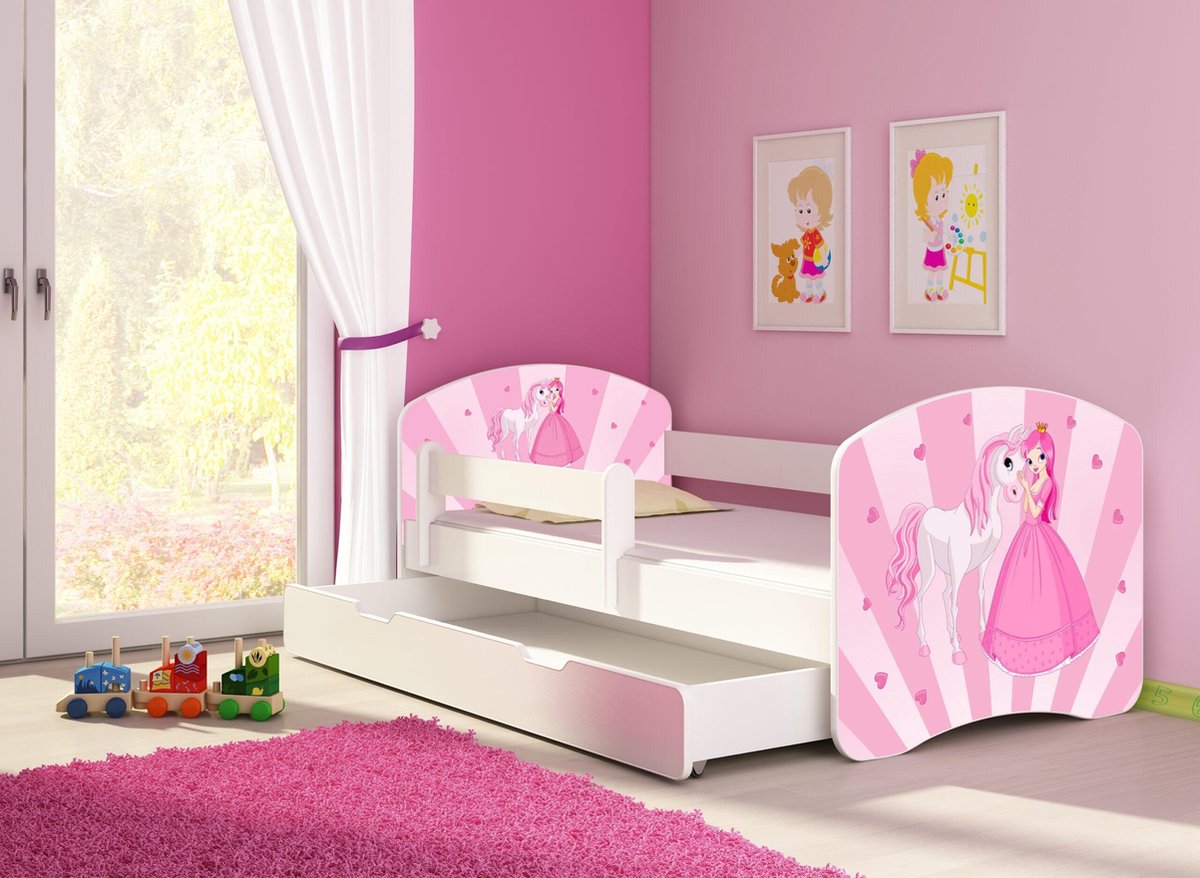 Lit enfant lit simple pour enfant avec matelas et tiroir inclus, parfait  pour les filles, peintures écologiques, sécurité maximale