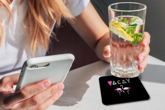 Sous-verres pour verres - Été - Flamingo - Zwart - 10x10 cm - Sous-verres en verre - 6 pièces