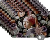 Placemat - Placemats kunststof - Meisje met de parel - Bloemen - Vermeer - Pastel - Kunstwerk - Schilderij - Oude meesters - 45x30 cm - 6 stuks - Hittebestendig - Anti-Slip - Onderlegger - Afneembaar