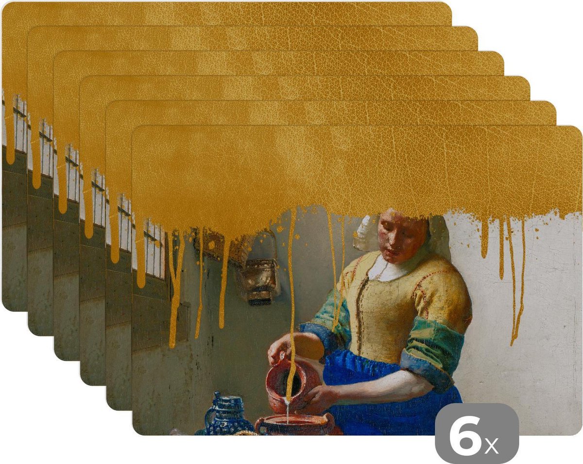 Placemat - Placemats kunststof - Melkmeisje - Goud - Vermeer - 45x30 cm - 6 stuks - Hittebestendig - Anti-Slip - Onderlegger - Afneembaar