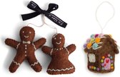 Vilten Gingerbread Kersthangertjes - Set van 3: Peperkoek Jongen, Meisje en Huisje - Fair Trade en Handgemaakt in Nepal