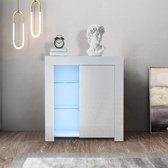 FURNIBELLA Hoogglans Opbergkast met LED Modern Design 3-Tier Witte Kast Organizer Opbergplanken 1 Deur Sideboard Eetkamer Hal Woonmeubilair