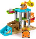 Little People bouwplaats-speelset met kiepwagen, kraan, helling en twee figuren.