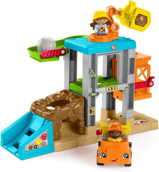 Little People bouwplaats-speelset met kiepwagen, kraan, helling en twee figuren.