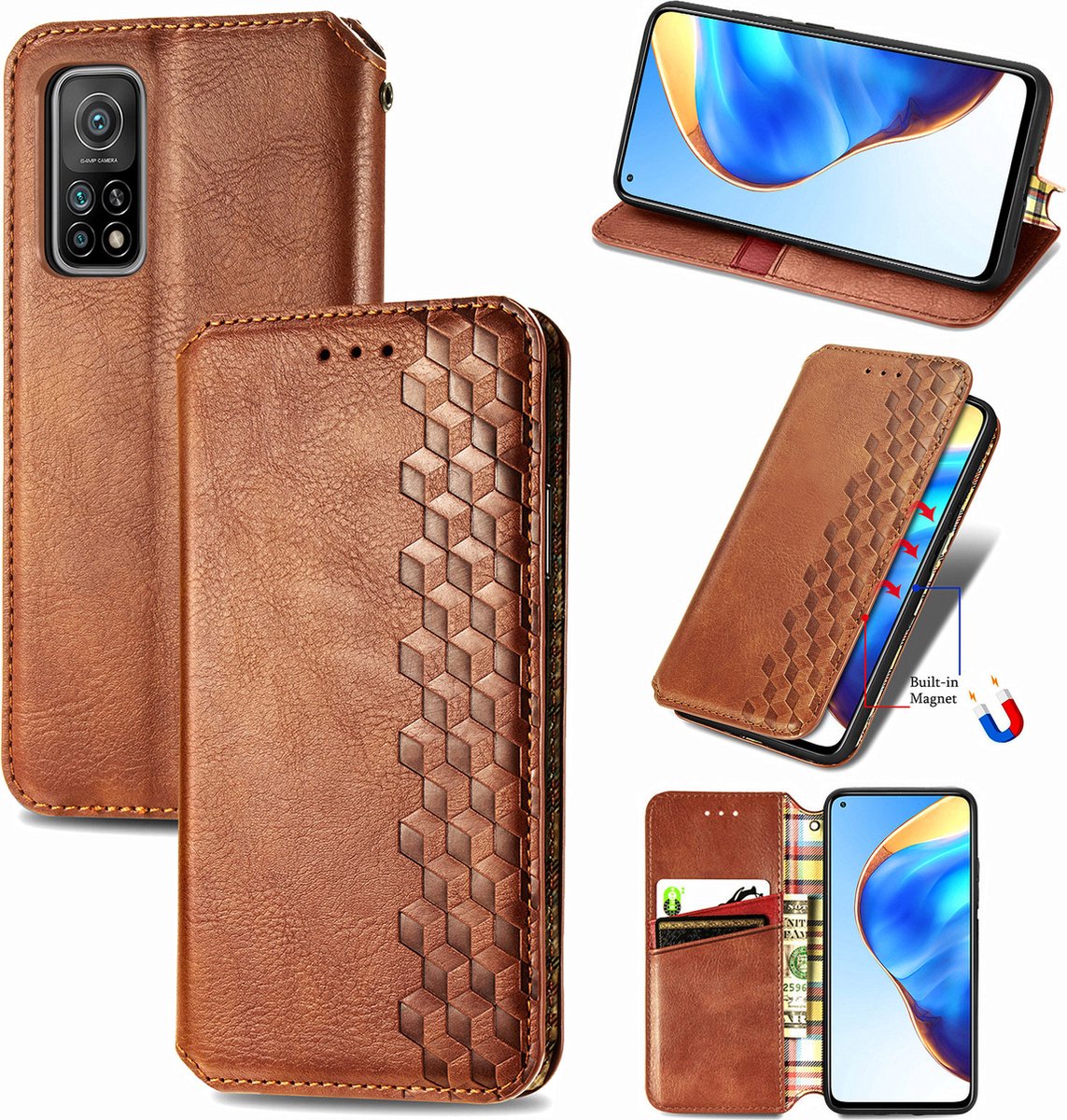 Luxe PU Lederen Ruitpatroon Wallet Case + PMMA Screenprotector voor Xiaomi Mi 10T / 10T Pro 5G _ Bruin