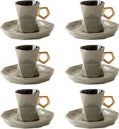 Schafer porselein Star - Espresso kopjes met schoteltjes 90 ml - set van 12 - zwart/grijs