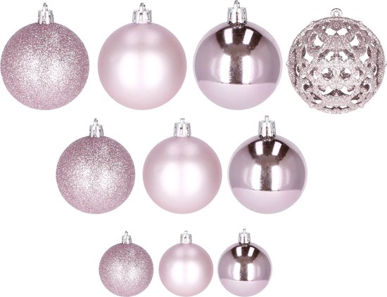 Roze kerstballen, glinsterend, mat en glanzend, gegroepeerd.