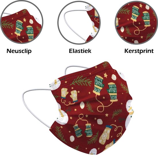 Mouthmask Noël Jetable Rouge - Mouthmask Jetable Non Medisch Mitaines Mitaines - Noël Mouthmask Jetable Universel - 10 Pièces