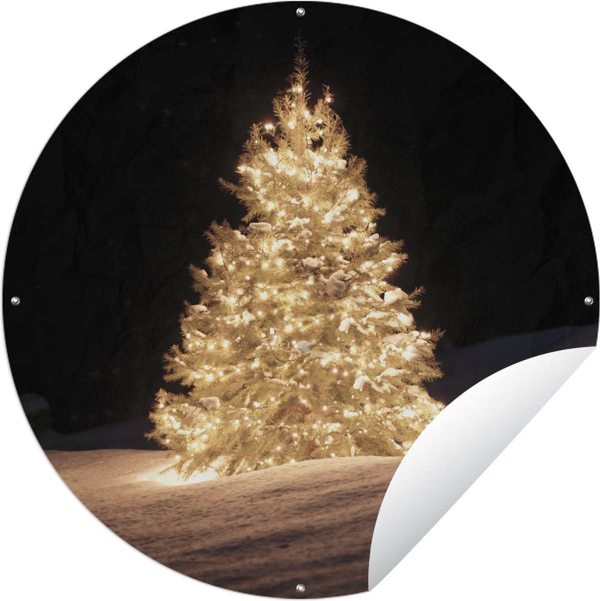 Tuincirkel met verlichte kerstboom 's nachts - Ronde Tuinposter 120x120 cm - Buiten XXL / Groot formaat.